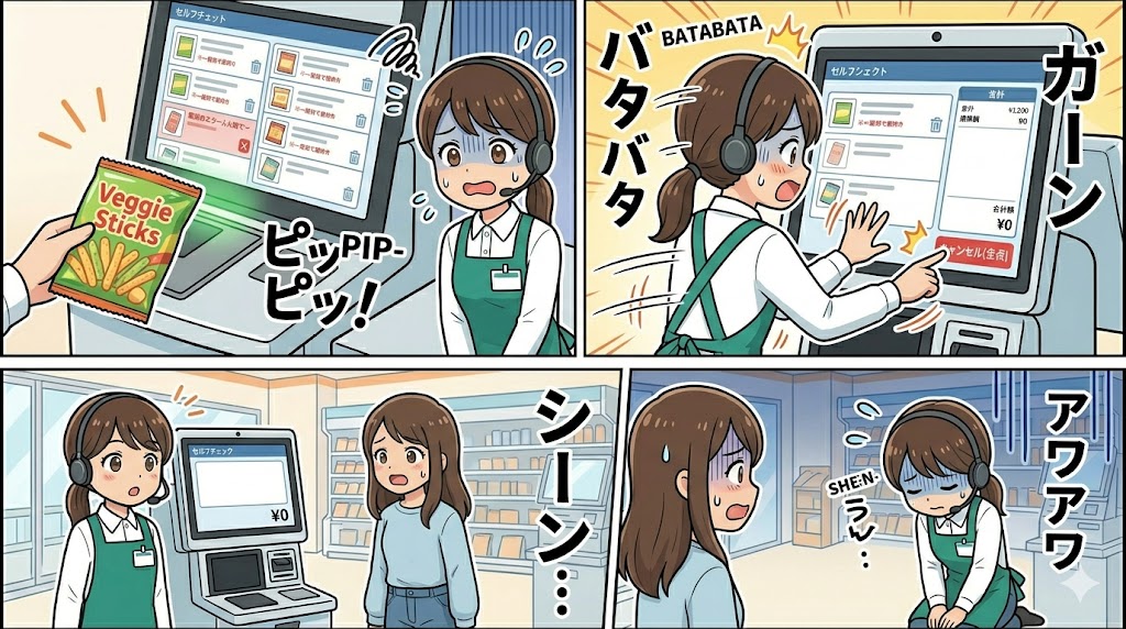 セルフレジの二重読み取りで焦ってしまい、誤って「全取消」ボタンを押して画面が真っ白になったアテンダントの3コマ漫画