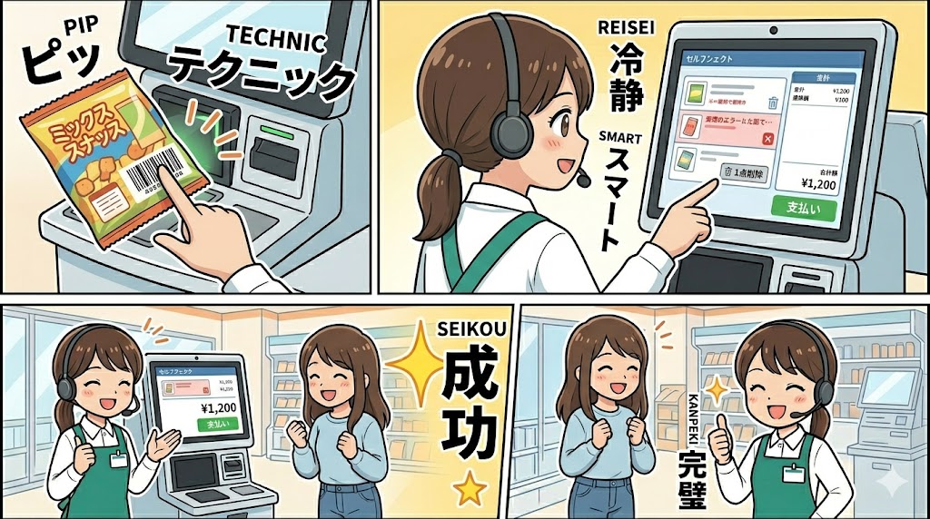 バーコードを指で隠して誤読を防ぎ、冷静に「1つ削除」を操作して金額を直したアテンダントの3コマ漫画