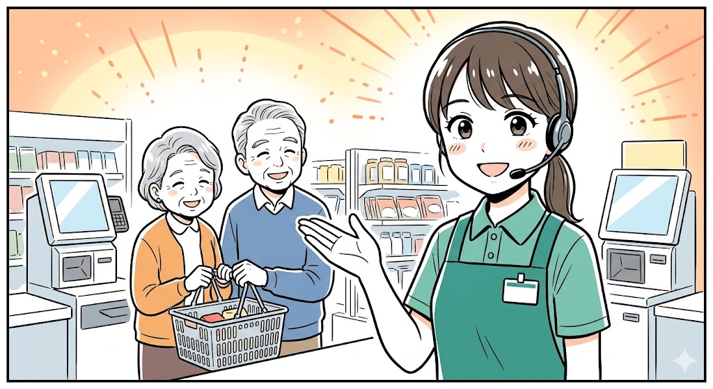 セルフレジで高齢のお客様を温かく迎え入れる笑顔の女性アテンダントのイラスト
