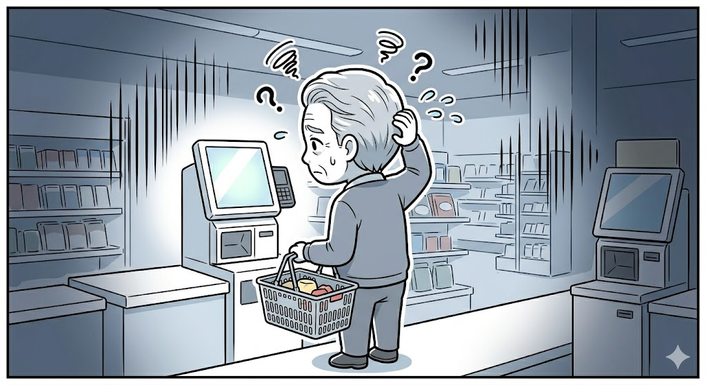 セルフレジの画面の前で、どうしていいか分からず困惑して固まる高齢の男性のイラスト