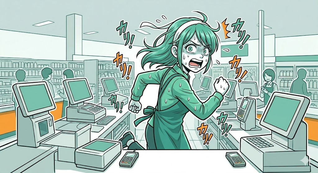 エラー音に振り回されて全力疾走する店員