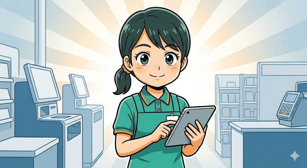 疲れ目のないスッキリした笑顔の店員