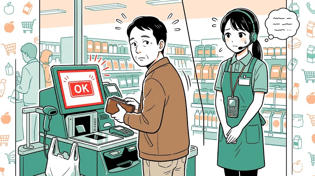 セルフレジの画面を見ずに困惑する客と見守る店員のイラスト