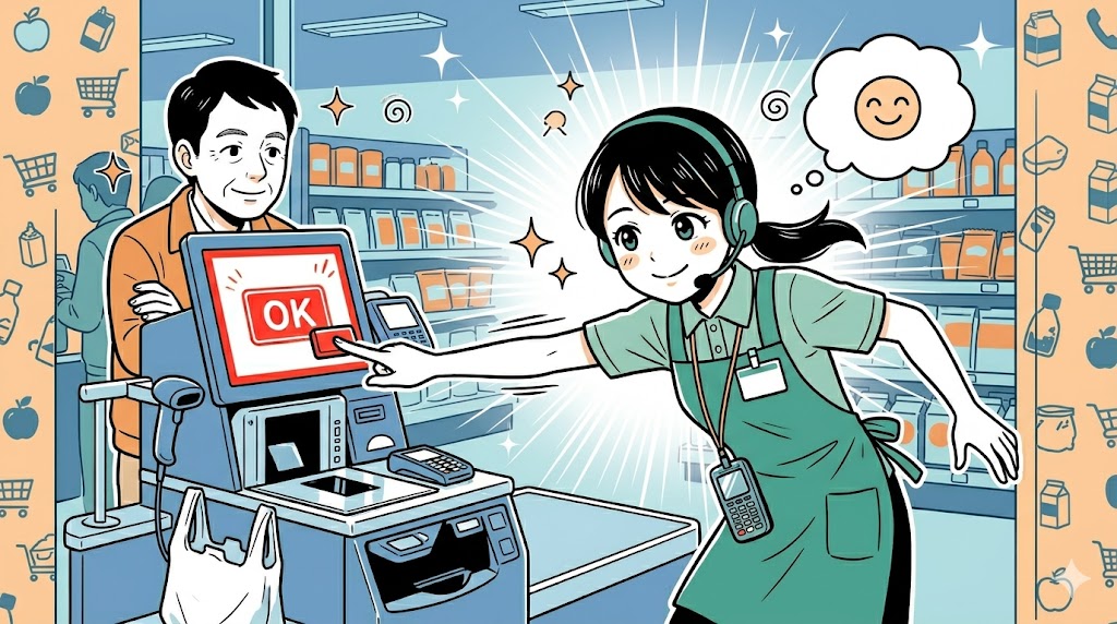 客と同じ視線に立ち適切な指差しで優しくレジ操作を誘導する店員
