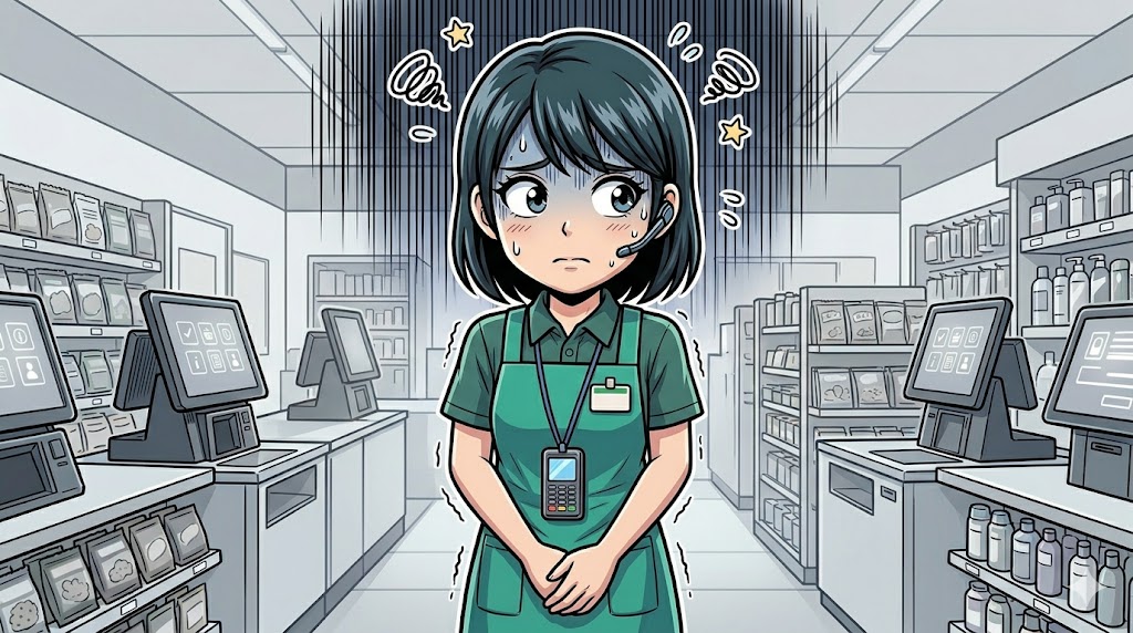 誰もいないセルフレジエリアで、申し訳なさそうにソワソワと立つ新人店員のイラスト