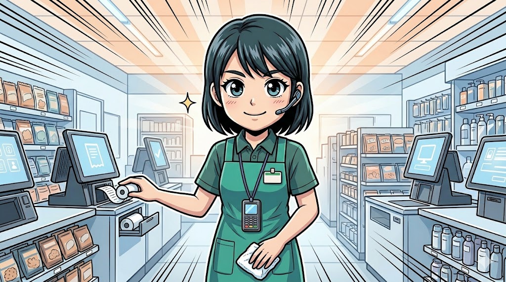 笑顔でレジのロール紙をチェックし、テキパキと動的待機を行う女性店員