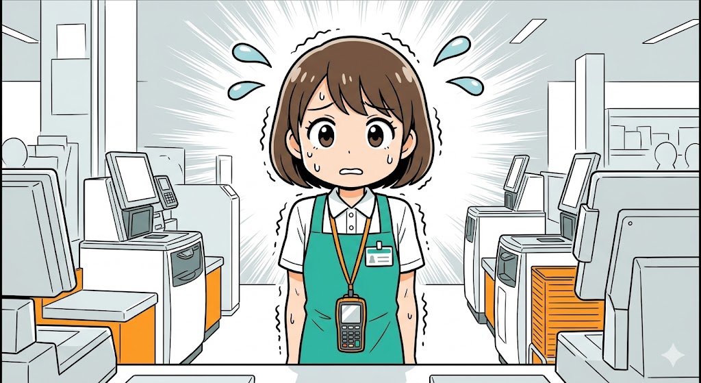 お客様への声掛けを前にして不安と緊張でガチガチに固まる女性アテンダント