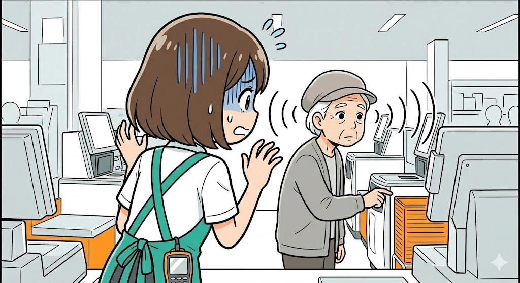 セルフレジで迷うお客様の手元を離れた位置からハラハラと見つめる店員