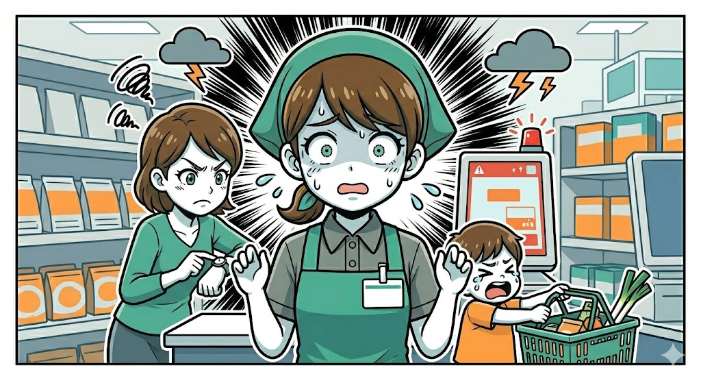 親子連れの板挟みになり焦って固まる店員