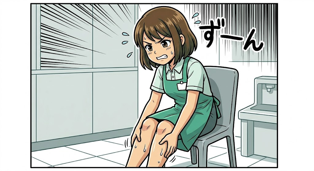 立ち仕事の疲れで足をさするアテンダントのイラスト
