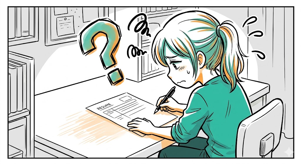 履歴書を前に自分のアピールに悩むアテンダント