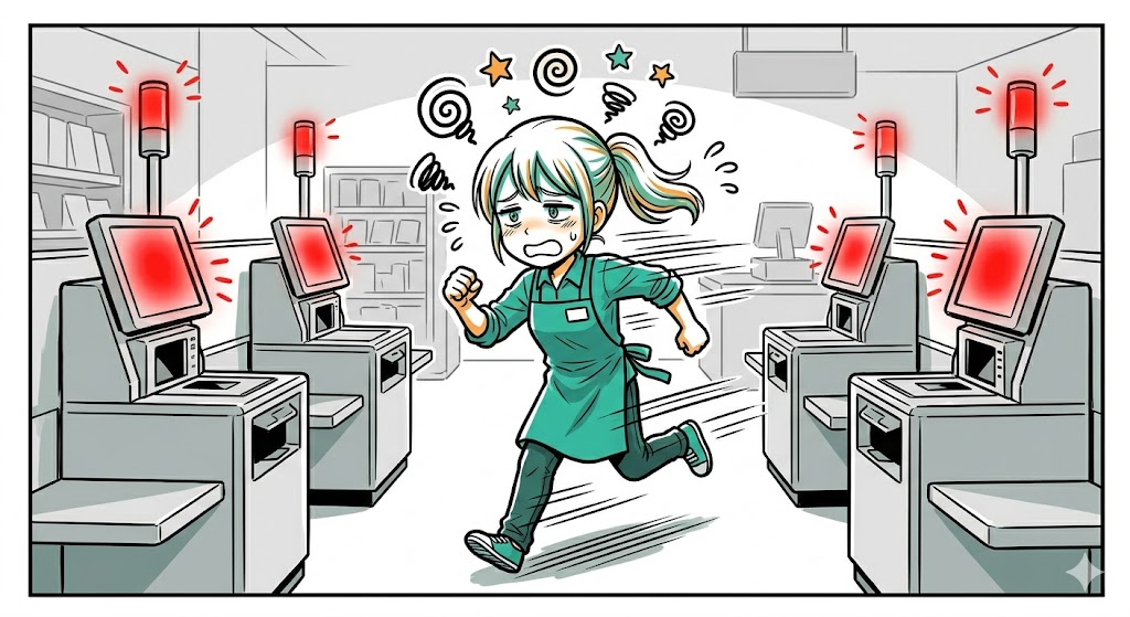 一人で走り回り疲弊するアテンダント