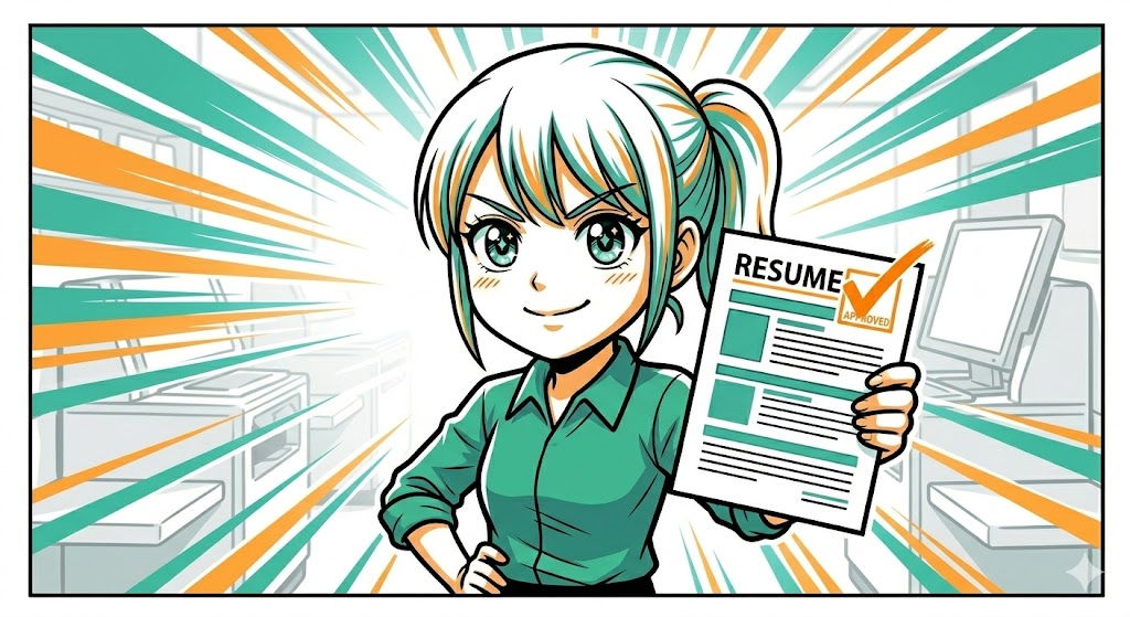 自信を持って履歴書を掲げるアテンダント