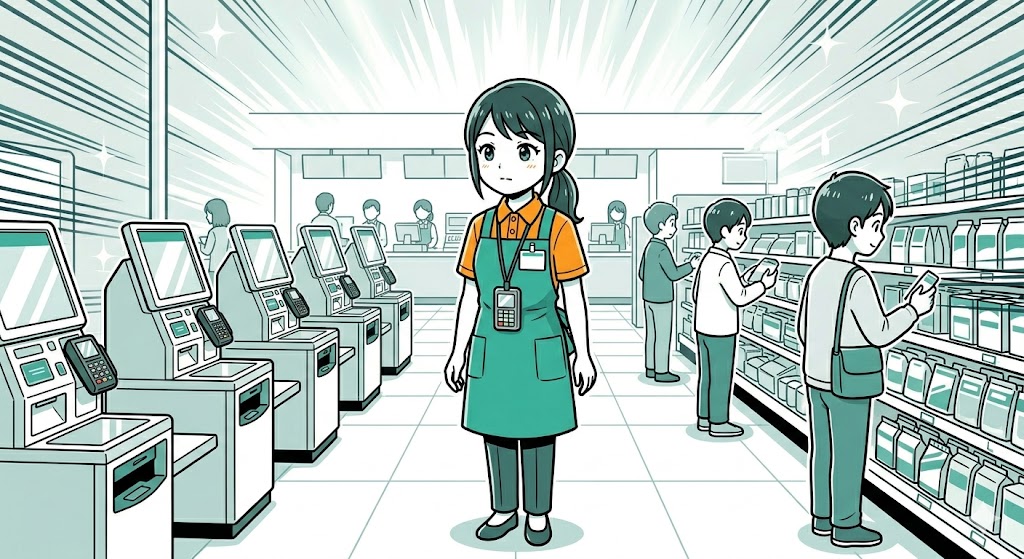 セルフレジに囲まれる店員のアテンダントのイラスト