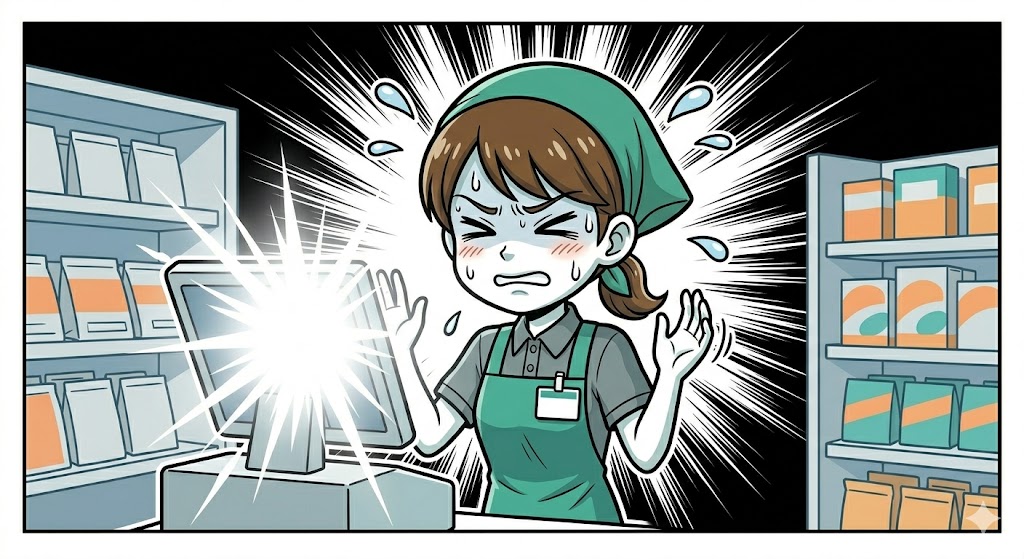 画面の反射が眩しくて文字が読めない店員