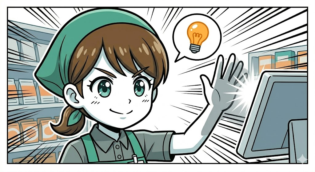 自分の影を落として画面を読めるようにした店員