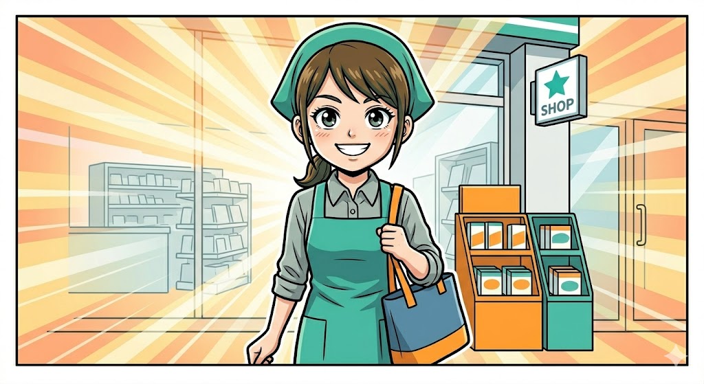 笑顔で軽快に退勤する自信に満ちた副業店員
