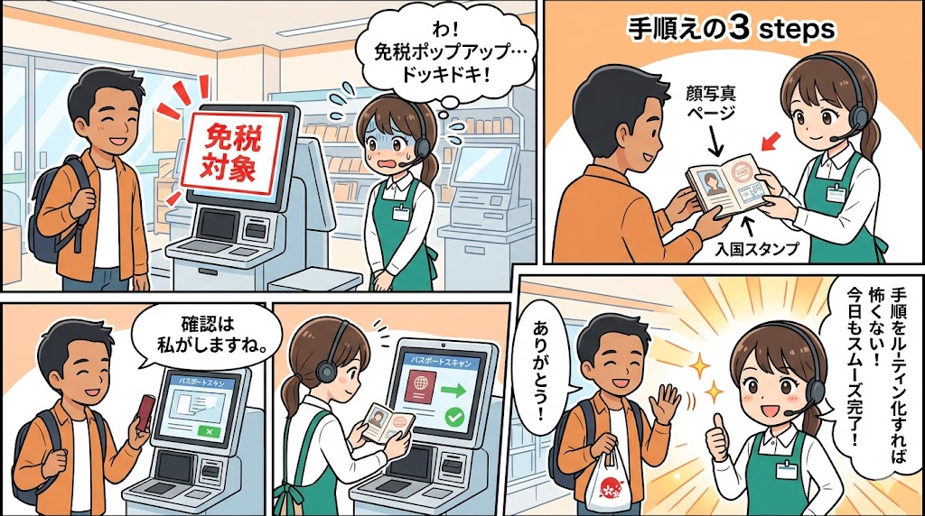 急な免税手続きのポップアップにドッキドキしつつも、頼もしく対応する女性アテンダントの3コマ漫画