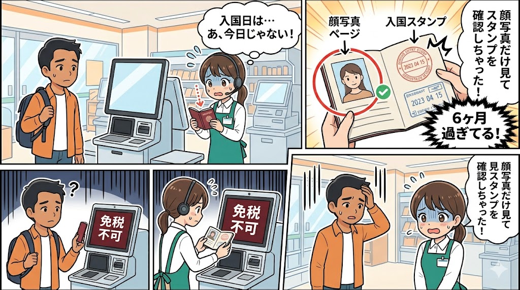 パスポートの顔写真だけを見てスタンプのフライング確認をしてしまったアテンダントの3コマ漫画