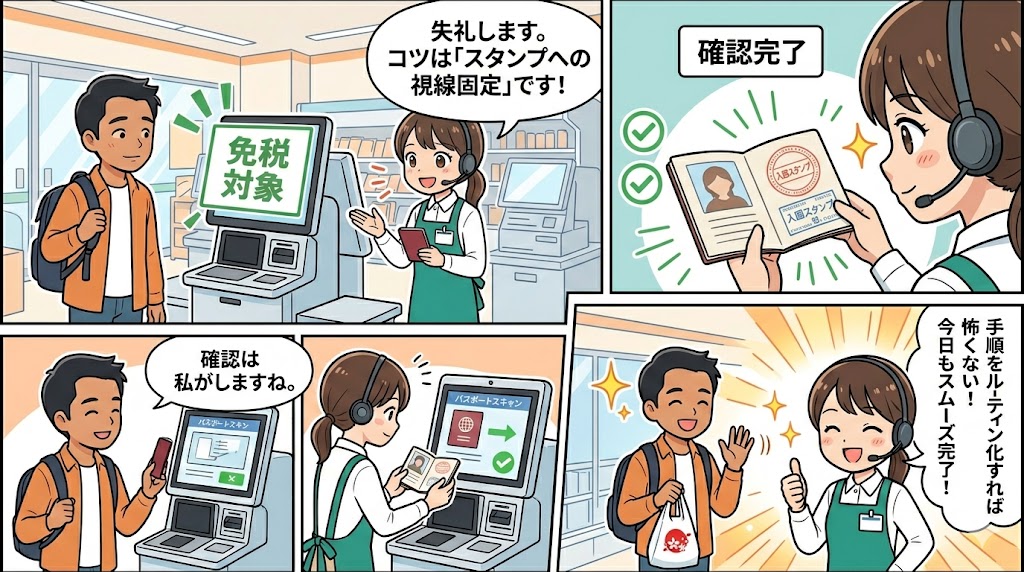 アテンダントの視線誘導で入国スタンプを瞬時に確認し、笑顔で免税手続きを完了した3コマ漫画