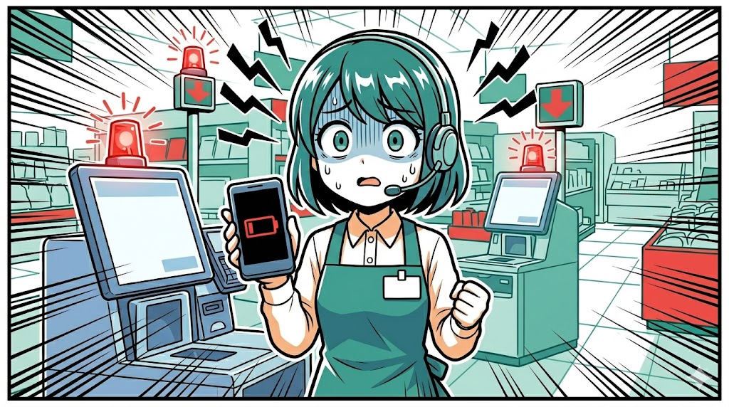 セルフレジの呼び出し中に店員端末の充電が切れて焦る店員のイラスト