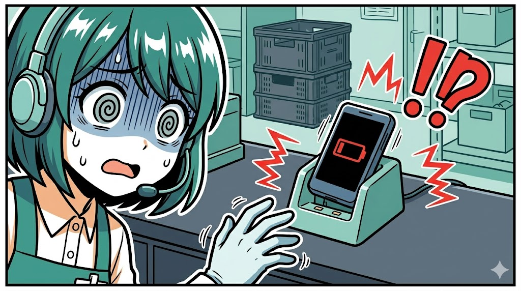 充電器の台座からズレて接触不良を起こしている店員端末のイラスト