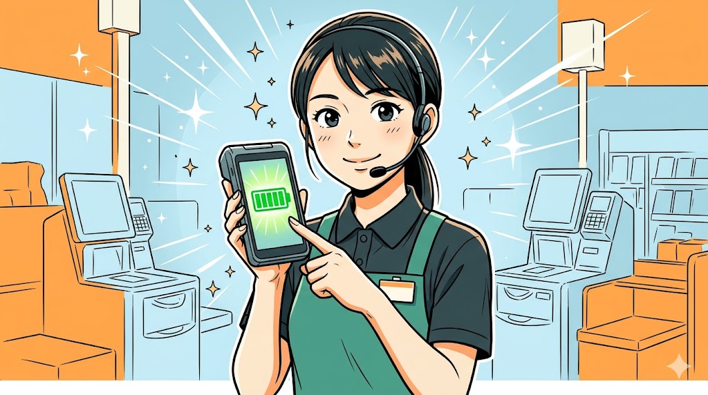 勤務開始前に笑顔で店員端末のバッテリー残量を確認するレジ店員