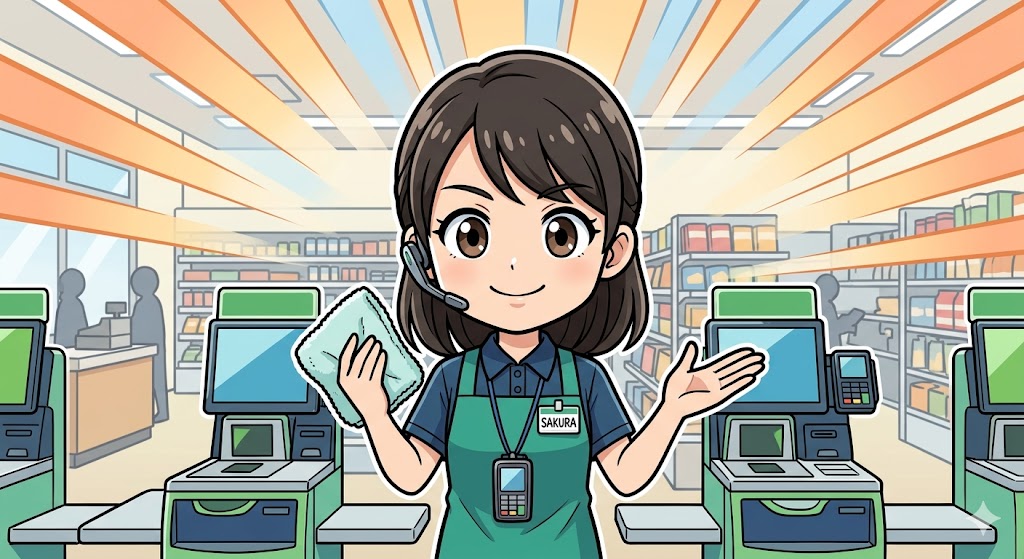 クリーニングクロスを持ち、笑顔で頼もしく立つ女性アテンダントのイラスト