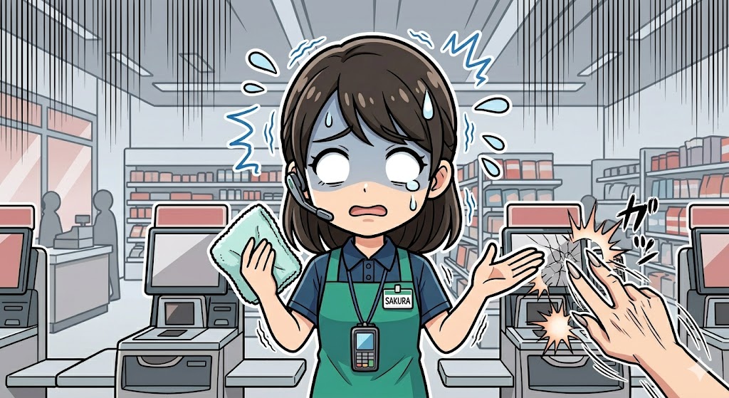 画面が反応せず、爪で激しく叩くお客様の横で慌てる女性店員のイラスト