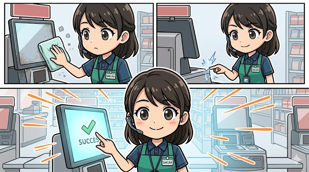 画面を拭き、放電し、指の腹でタッチして液晶を直す3コマ漫画風のイラスト