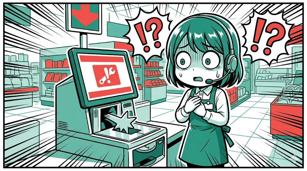 セルフレジの突発的な珍事件に目を丸くして驚く店員のイラスト