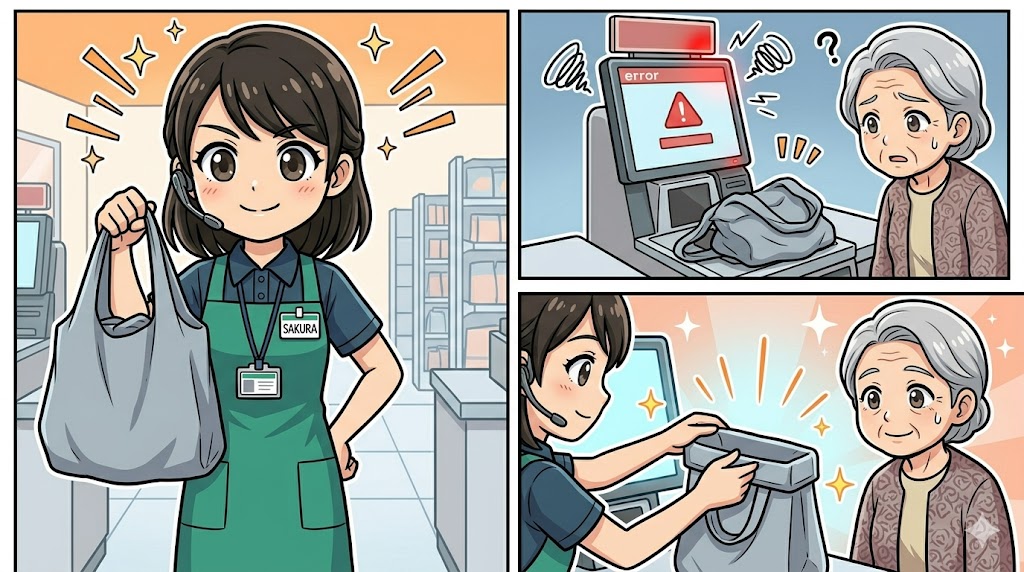 重量エラーをゼロにする正しい袋セット術を解説する、3コマ漫画風のアテンダントのイラスト