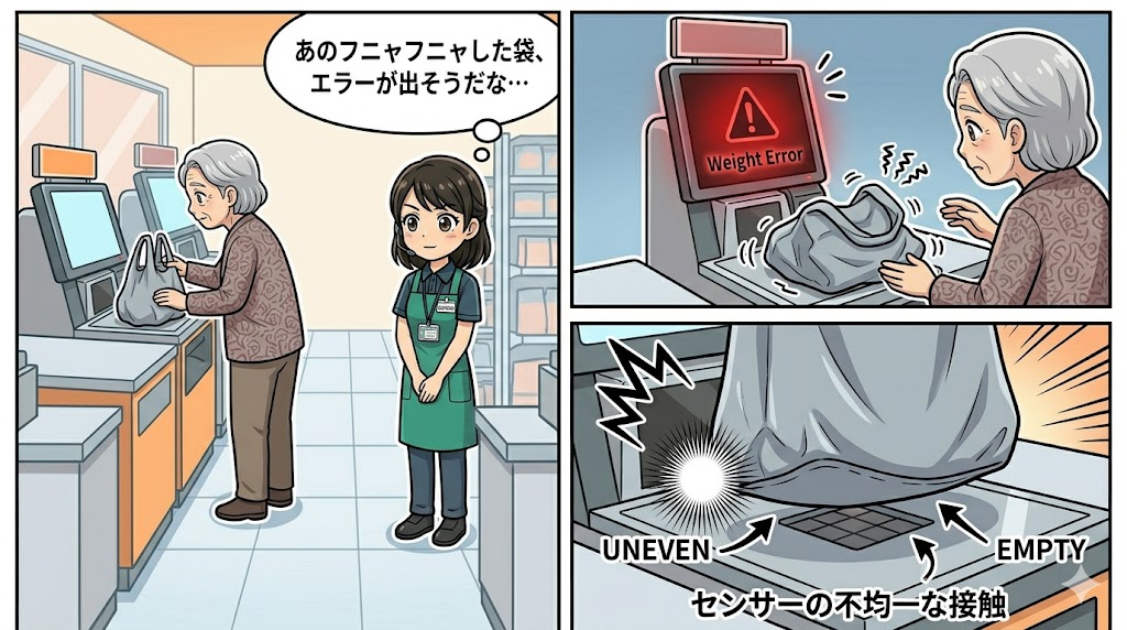 セルフレジで柔らかいマイバッグが倒れ込み、赤ランプが点滅する重量エラーの瞬間の3コマ漫画