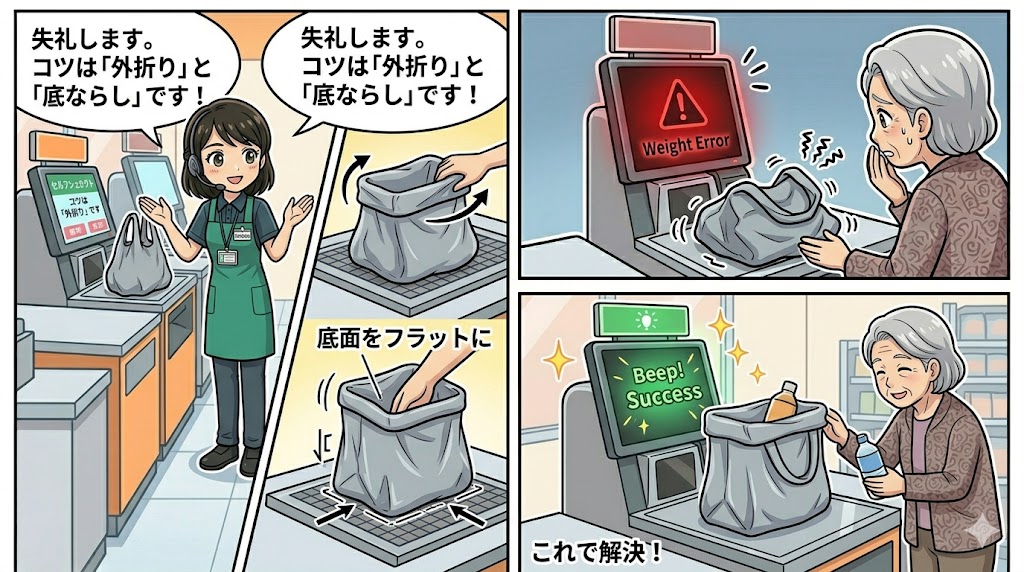 アテンダントのアドバイスで袋を外側に折り、見事に自立して重量計測に成功した3コマ漫画