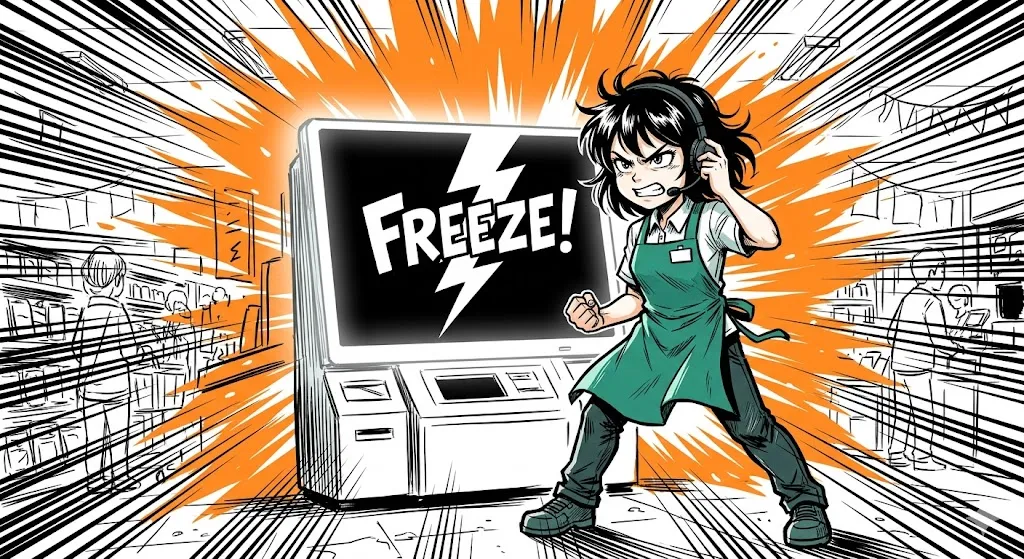 フリーズしたレジに立ち向かう、決意に満ちたアテンダント