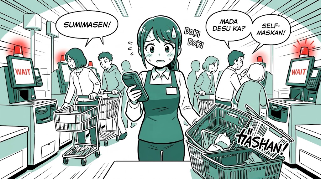 混雑するセルフレジ通路で放置されたカゴの山に困惑する店員のイラスト