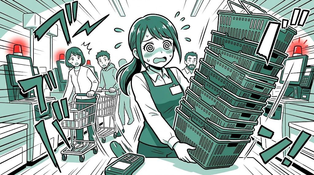 大量に積み上げたカゴの山を崩しそうになりパニックになるレジ店員