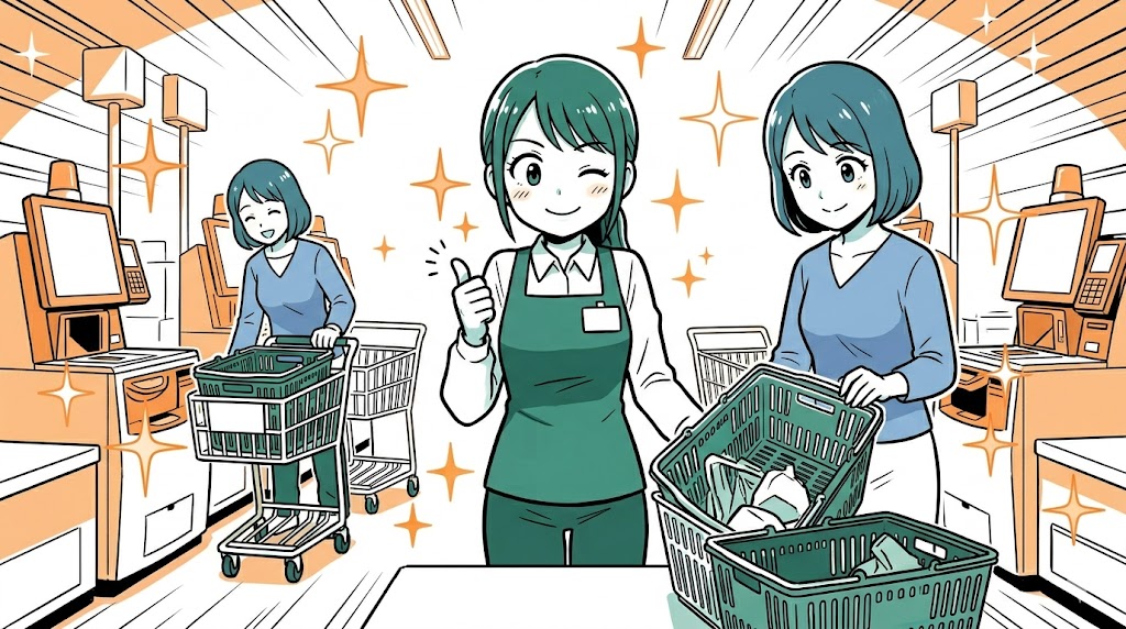 綺麗に置かれた1個のカゴに次のお客様が自ら重ねていく心理誘導の様子