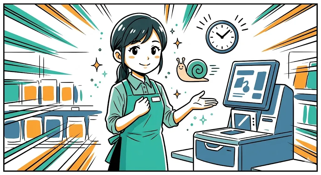 スマホアプリが読み取れず焦るお客さまを、優しく安心させる店員の漫画イラスト