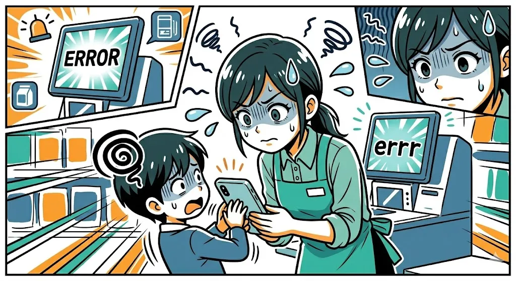 お客さまのスマホ操作を覗き込みすぎて緊張させてしまう店員の漫画イラスト