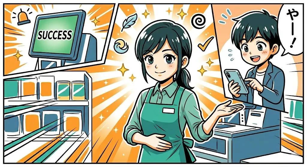 適切な距離と笑顔でお客さまを安心させ、決済をスマートに完了させる店員の漫画イラスト