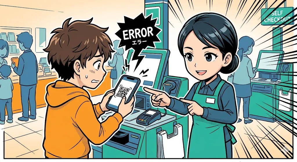 スマホ決済が読み取れず焦るお客さまを、冷静にサポートする店員の漫画イラスト