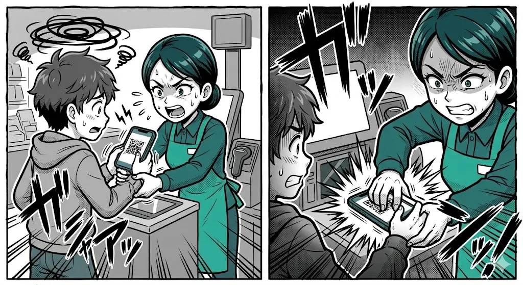 お客様のスマホを無理やり押し付け、不快にさせてしまう店員の漫画イラスト