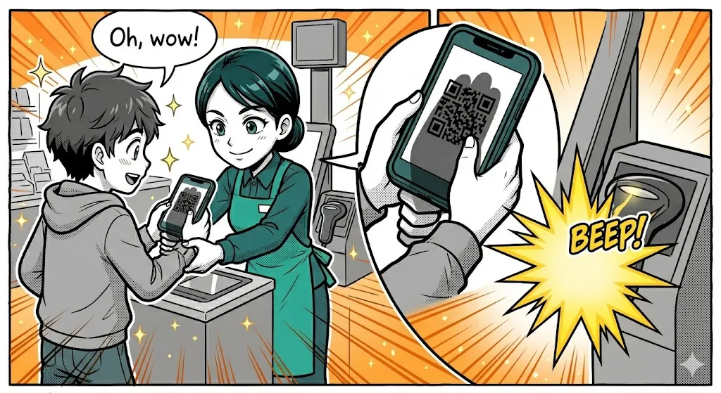 影と角度を工夫して一発で決済を完了させ、喜ばれる店員の漫画イラスト