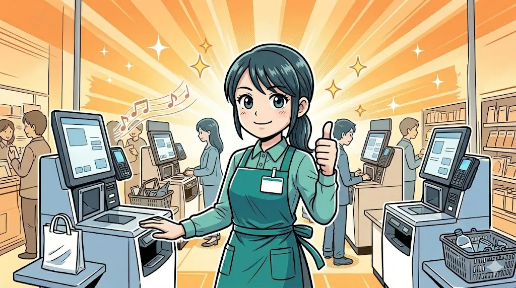 最適な音量設定を完了し、満足げに微笑むアテンダント