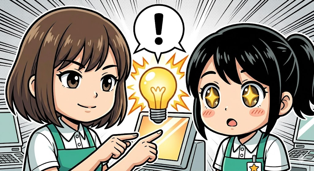 コツを実演して見せ、新人が納得して目を輝かせた瞬間の指導風景