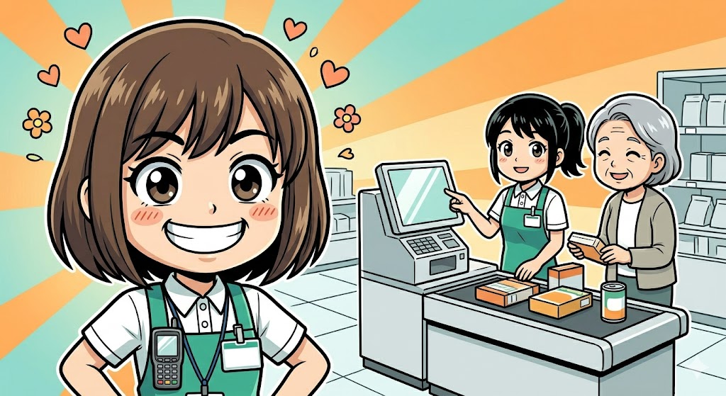 成長した新人の接客姿を、誇らしげにガッツポーズで見守る先輩店員