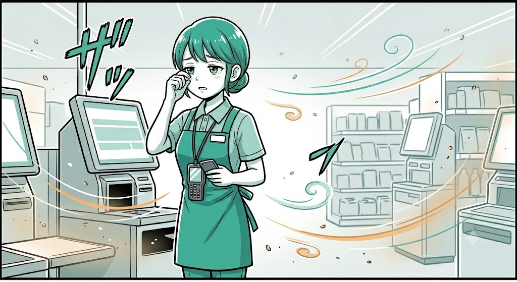 乾燥した店内で働くアテンダントのイラスト