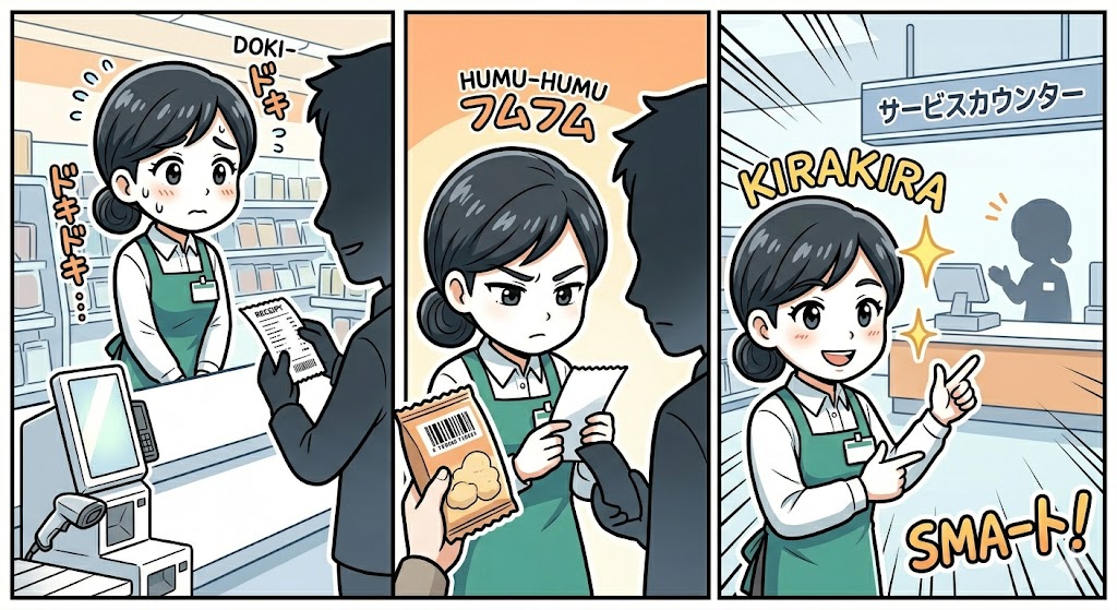 返品・交換対応をプロレベルでこなす、自信満々の女性アテンダントの3コマ漫画。