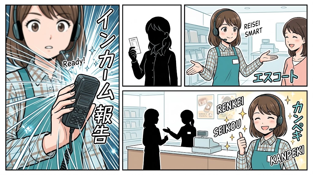 返品客の来店直後にインカム報告し、仲間と連携してサービスカウンターへスマートに誘導し、解決した3コマ漫画。